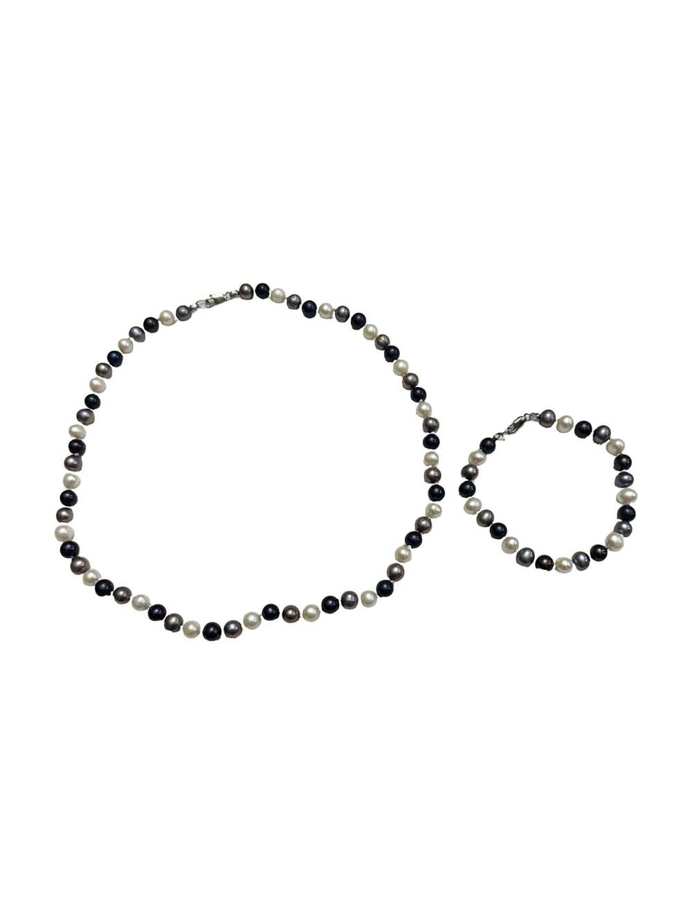 Freshwater Cultured Multicolored Pearl Necklace & Bracelet w Silver Clasp
